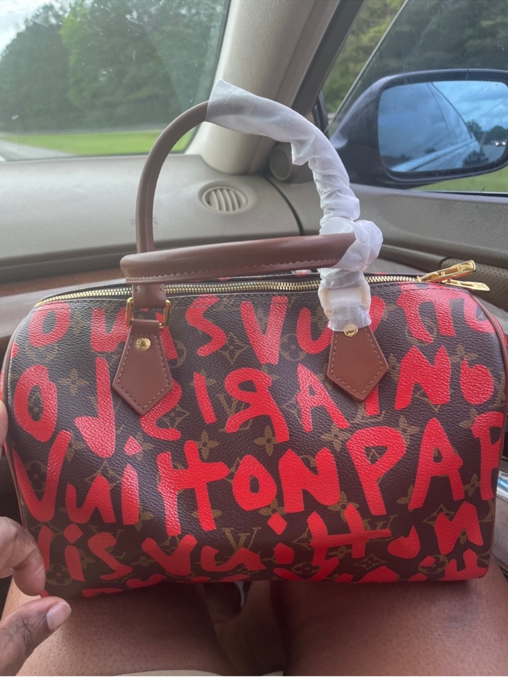 Brown and Red Graffiti Satchel with Top Handles